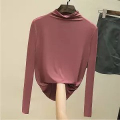 t恤女長袖莫代爾半高領打底衫秋季新款純色修身顯瘦薄款百搭上衣