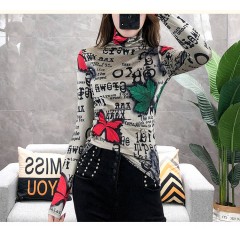 加絨保暖T恤打底衫女2019小衫女花色秋冬氣質(zhì)高領(lǐng)長袖時(shí)尚百搭潮