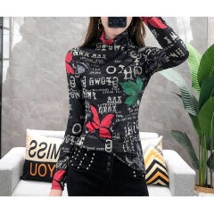 加絨保暖T恤打底衫女2019小衫女花色秋冬氣質(zhì)高領(lǐng)長袖時(shí)尚百搭潮