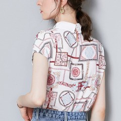 2020年夏季新款女士休閑簡約時(shí)尚雪紡印花拼接不對稱領(lǐng)子襯衫